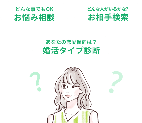 どんな事でもOKお悩み相談　どんな人がいるかな？お相手検索　あなたの恋愛傾向は？婚活タイプ診断
