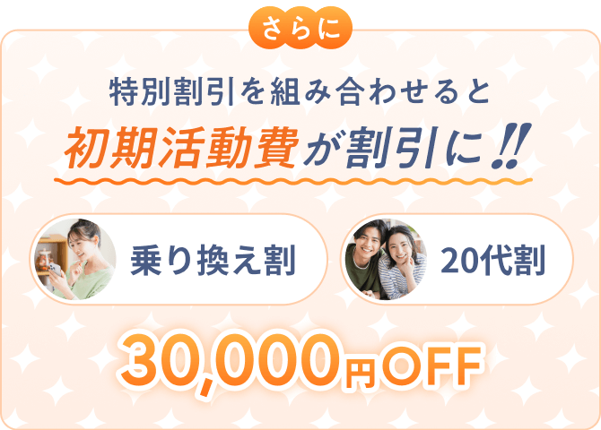 特別割引を組み合わせると初期活動費が割引に！ 乗り換え割・20代割 30,000円OFF