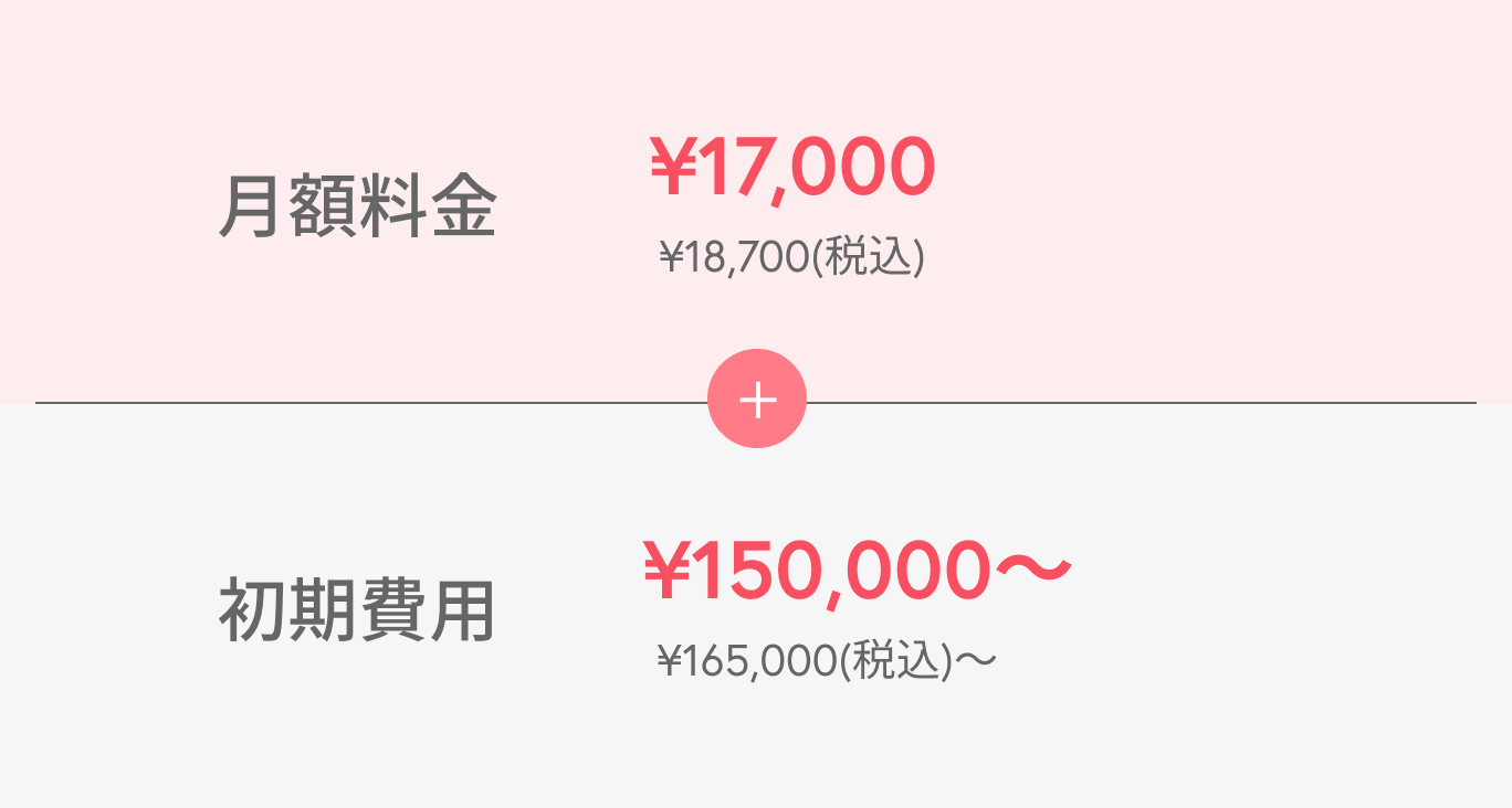 月額料金 ¥17,000 ¥18,700(税込) 初期費用 ¥150,000〜 ¥165,000(税込)〜