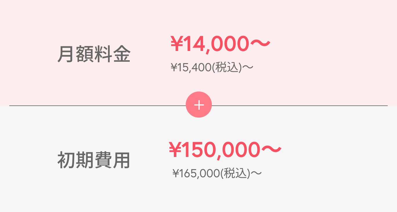 月額料金 ¥14,000〜 ¥15,400(税込)〜 初期費用 ¥150,000〜 ¥165,000(税込)〜